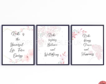 May include: Three printable wall art prints with pink floral designs and black frames. The text on the prints reads "Reiki is the Universal Life Force Energy", "Reiki restores Balance and Well-Being", and "Reiki brings Peace and Happiness".