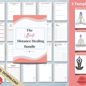 May include: A digital download bundle of 23 pages with templates for distance healing. The bundle includes forms, planners, and charts. The cover features the text "The Ultimate Distance Healing Bundle" in a white and red design.