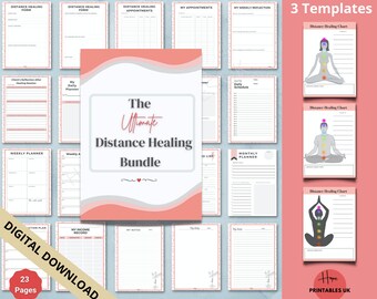 May include: A digital download bundle of 23 pages with templates for distance healing. The bundle includes forms, planners, and charts. The cover features the text "The Ultimate Distance Healing Bundle" in a white and red design.