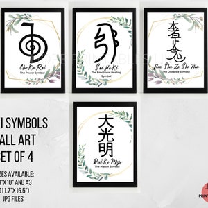 May include: Set of four printable wall art prints featuring Reiki symbols with Japanese characters and English translations. The symbols are surrounded by green and gold floral designs. The symbols are Cho Ku Rei, Sei He Ki, Hon Sha Ze Sho Nen, and Dai Ko Myo. The prints are available in 8x10 inches and A3 (11.7x16.5 inches).