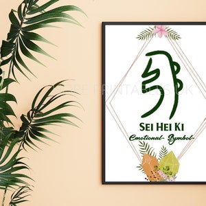 May include: A printable poster with a green Sei Hei Ki symbol, surrounded by a gold geometric frame and floral accents. The text "Sei Hei Ki Emotional Symbol" is below the symbol.