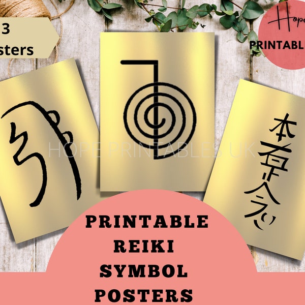 reiki symbolen afdrukbare kunst aan de muur, energie genezing trio in gouden, cho ku rei, se hei ki en hon sha ze sho nen CKR SHK HSZN reiki poster