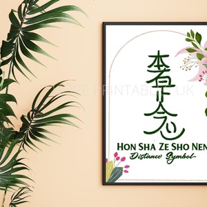 May include: A white printable poster with a green Hon Sha Ze Sho Nen symbol, surrounded by pink flowers and green leaves. The text "Distance Symbol" is written below the symbol.