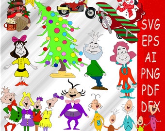 May include: A set of colourful Christmas-themed illustrations featuring a Christmas tree, a gnome, a snowman, Santa Claus, and a group of cartoon characters. The characters are singing carols and holding hands. The illustrations are perfect for creating festive crafts, cards, and decorations.
