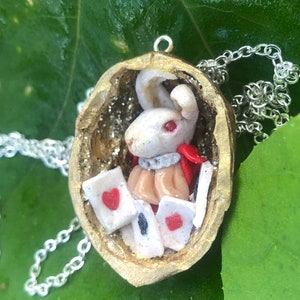 White rabbit in Walnut shell, miniature pendant fimo , chain, Alice in Wonderland rabbit necklace
