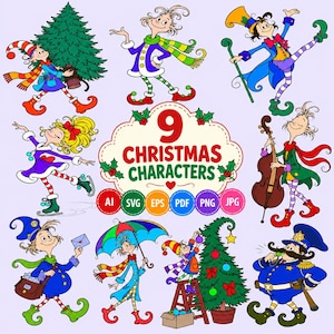 May include: A digital illustration set featuring 9 Christmas characters in a whimsical style, including elves, a musician, and a police officer. The central text reads 9 CHRISTMAS CHARACTERS, surrounded by file format icons AI, SVG, EPS, PDF, PNG, JPG.