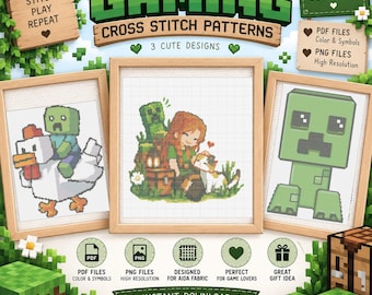 Può includere: Un set di download digitale di tre schemi a punto croce a tema gaming con design in pixel art. I motivi includono un personaggio su un pollo, un personaggio con un gatto e un creeper, e un creeper singolo. Include file PDF e PNG.