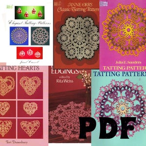 May include: A selection of vintage tatting pattern books. The covers display detailed lace designs in colours such as red, gold, and blue. Titles include "Elegant Tatting Patterns," "Anne Orrs Classic Tatting Pattern," and "Tatting Hearts."