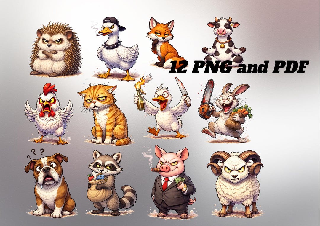Funny Farm Animals Clipart Set | 12 Cute & Crazy Cartoon Animals PNG ...