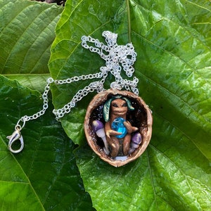 Mandragora in Walnut shell, miniature pendant fimo , chain, magic necklace