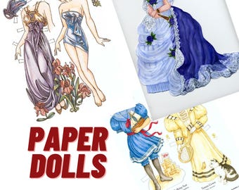 Vintage  Paper Dolls with Fashionable Wardrobe | Printable Cut-Out Dress-Up Dolls for Kids and Collectors 100+++ JEPG files