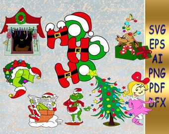 May include: A festive cartoon illustration featuring Christmas characters and elements. The image includes the words "HO HO HO" in red and green, a decorated Christmas tree, and various characters, including the Grinch and Cindy Lou Who. The image also includes the file types: SVG, EPS, AI, PNG, PDF, and DFX.