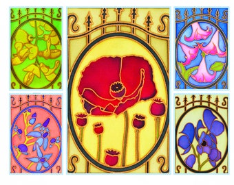 Silk Painting Cards– Floral Gold Gutta Outlines (Pack of 5) with cards and envelopes ( no paint)