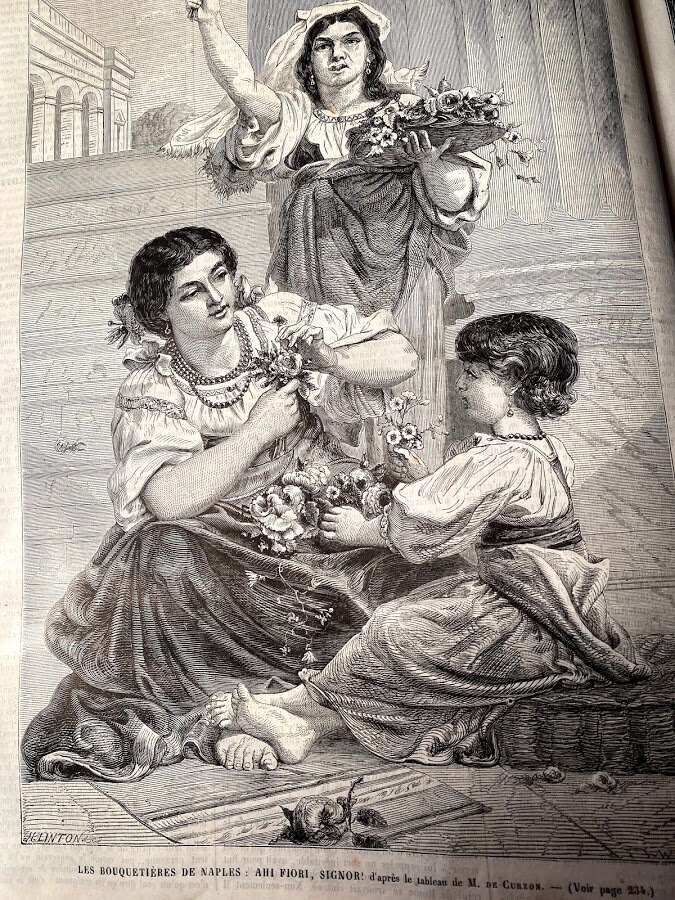 Gravure Ancienne 1864 Peinture de Filles Fleurs Artiste M. Curson