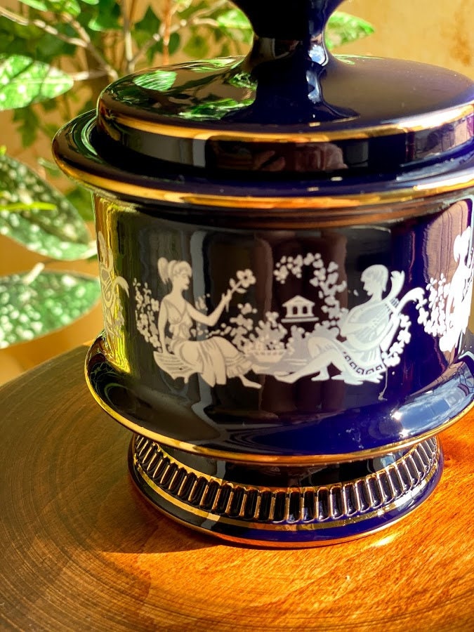 Pot Décoratif - Coupe de Style Grec Fait à La Main Florence, Italie Bleu Cobalt Ornement en Or