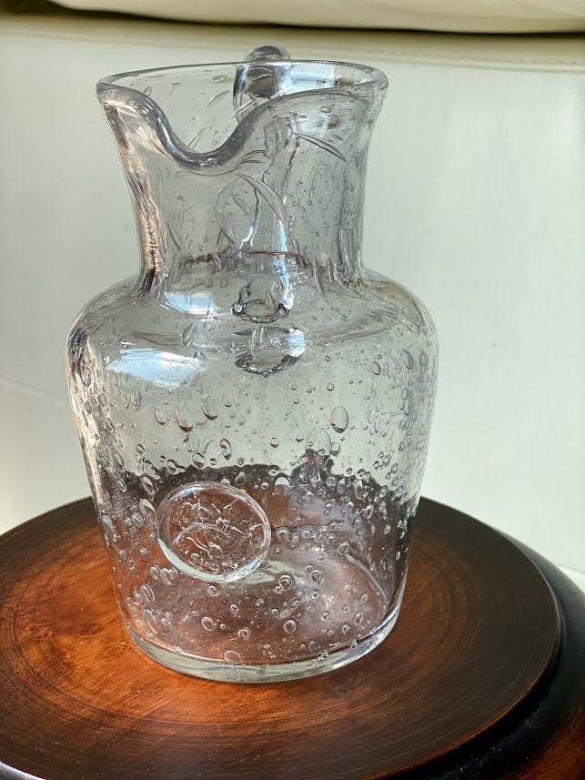 Cruche en Verre Bullé Soufflé. Carafe Faite à La Main, Vintage, Limonade, Pour Enfants.