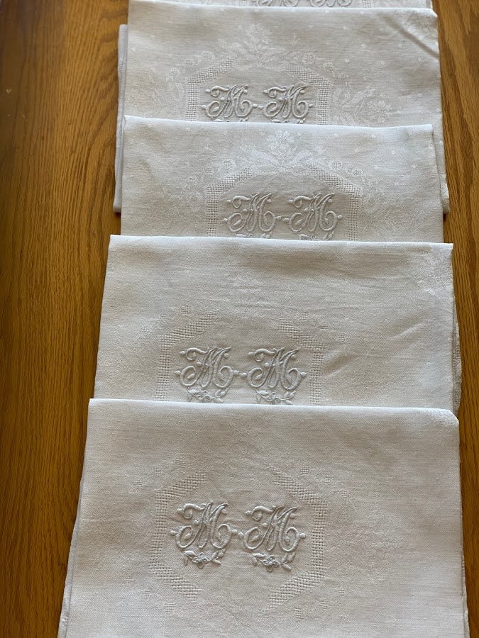 Élégante Suite de 6 Serviettes Table en Damassé Lin à Décor Roses, Monogramme mm.serviettes Luxe