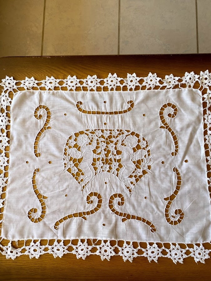 Français Centre de Table en Lin Blanc Antique ou Nappe Nappe, Blanche, Garniture Dentelle Crochet Fa