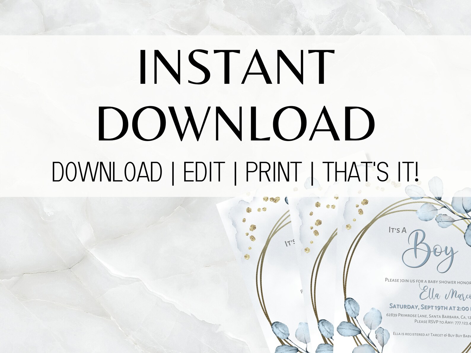 Baby Boy Blue and Gold Eucalyptus and Geometric Baby Shower Bundle