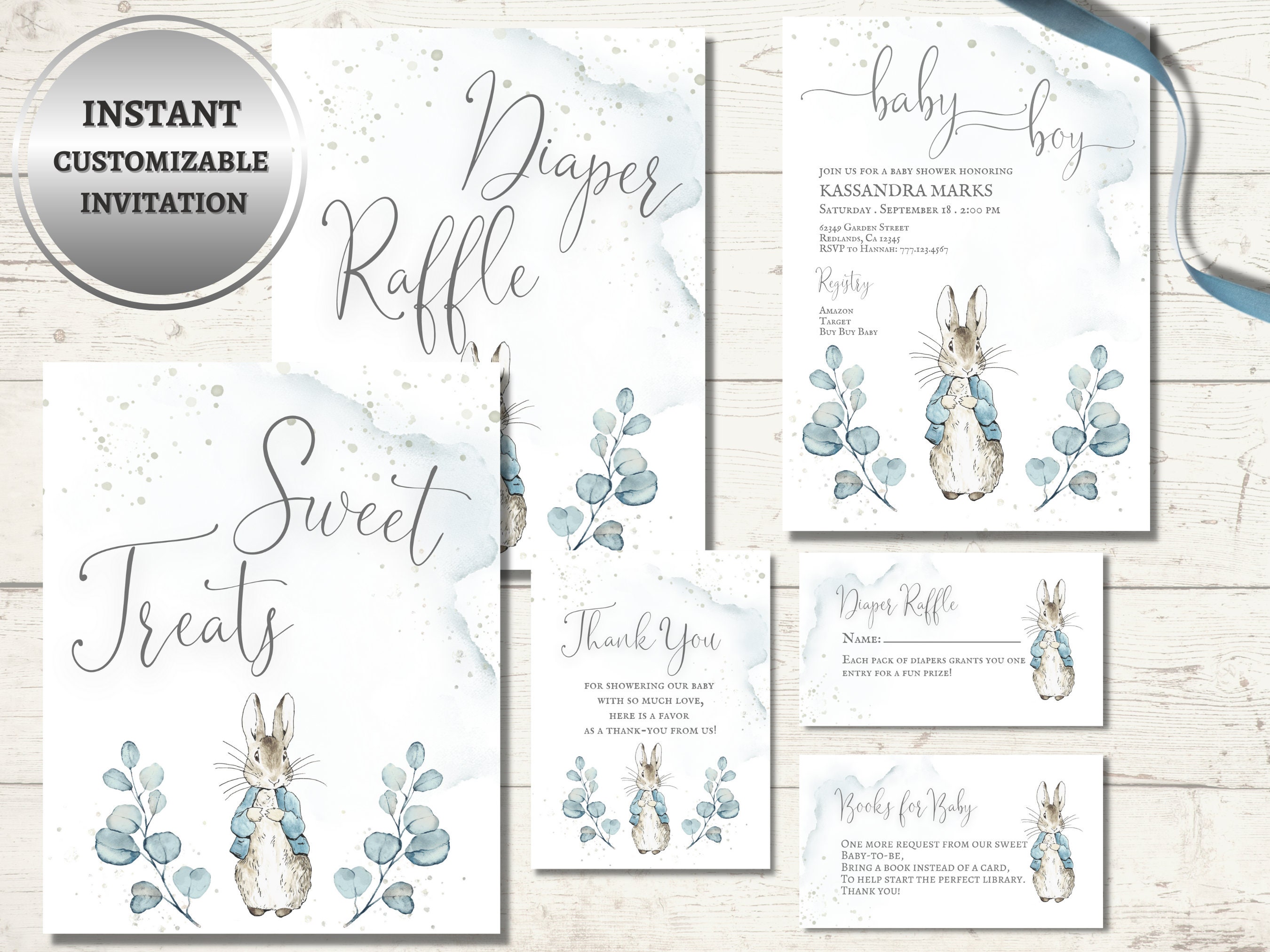 Peter Rabbit Baby Shower Invitation Baby Shower Bundle Editable Invitation Digital Download Diaper Raffle Beatrix Potter Baby
