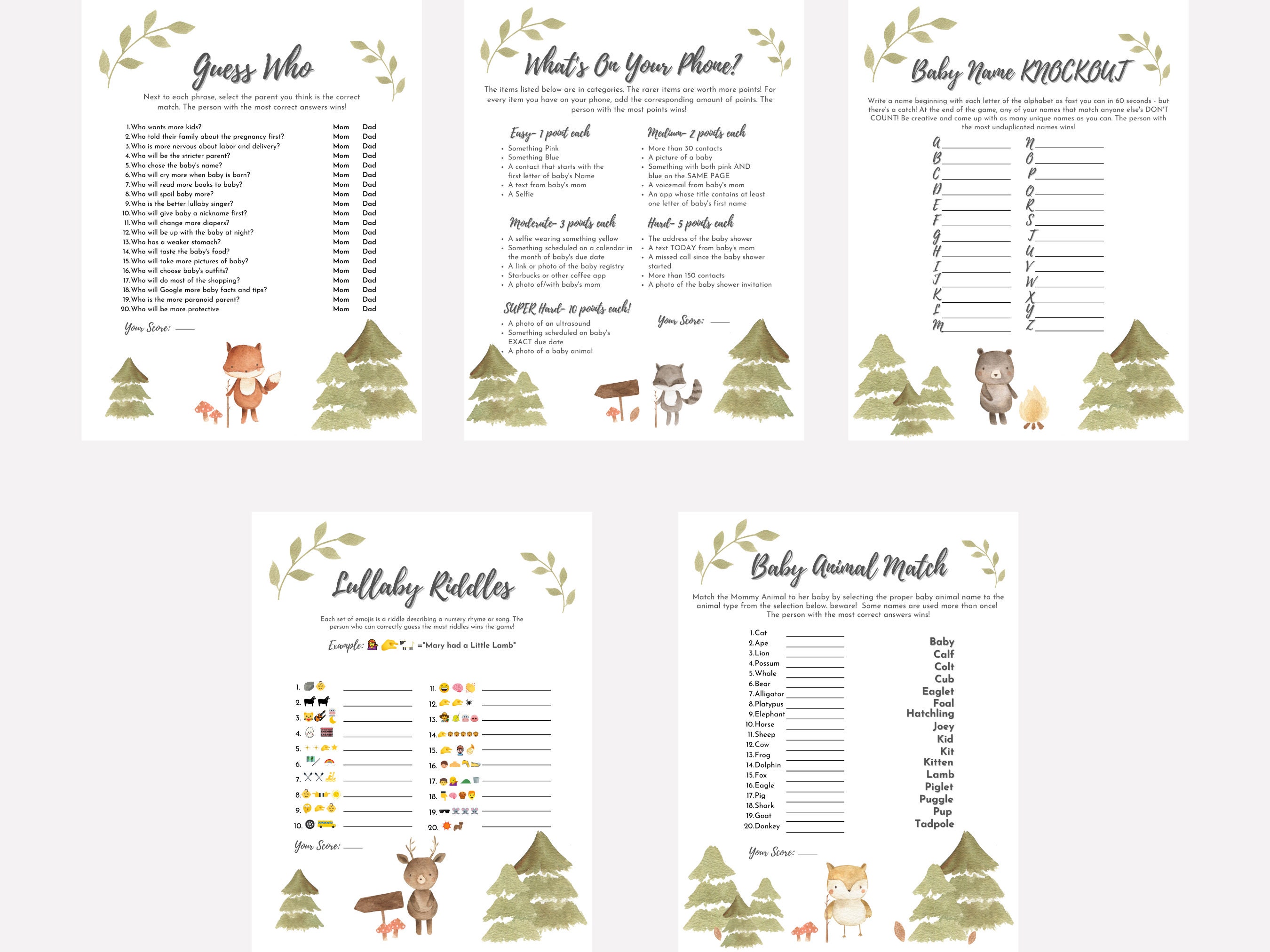 Woodland Theme Baby Shower Bundle With Baby Shower Games - Etsy