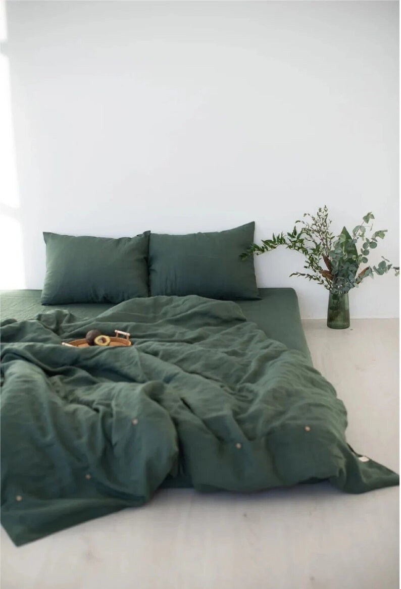 Moss Green Linen Duvet Cover Washed Duvet Cover With Zipper Etsy