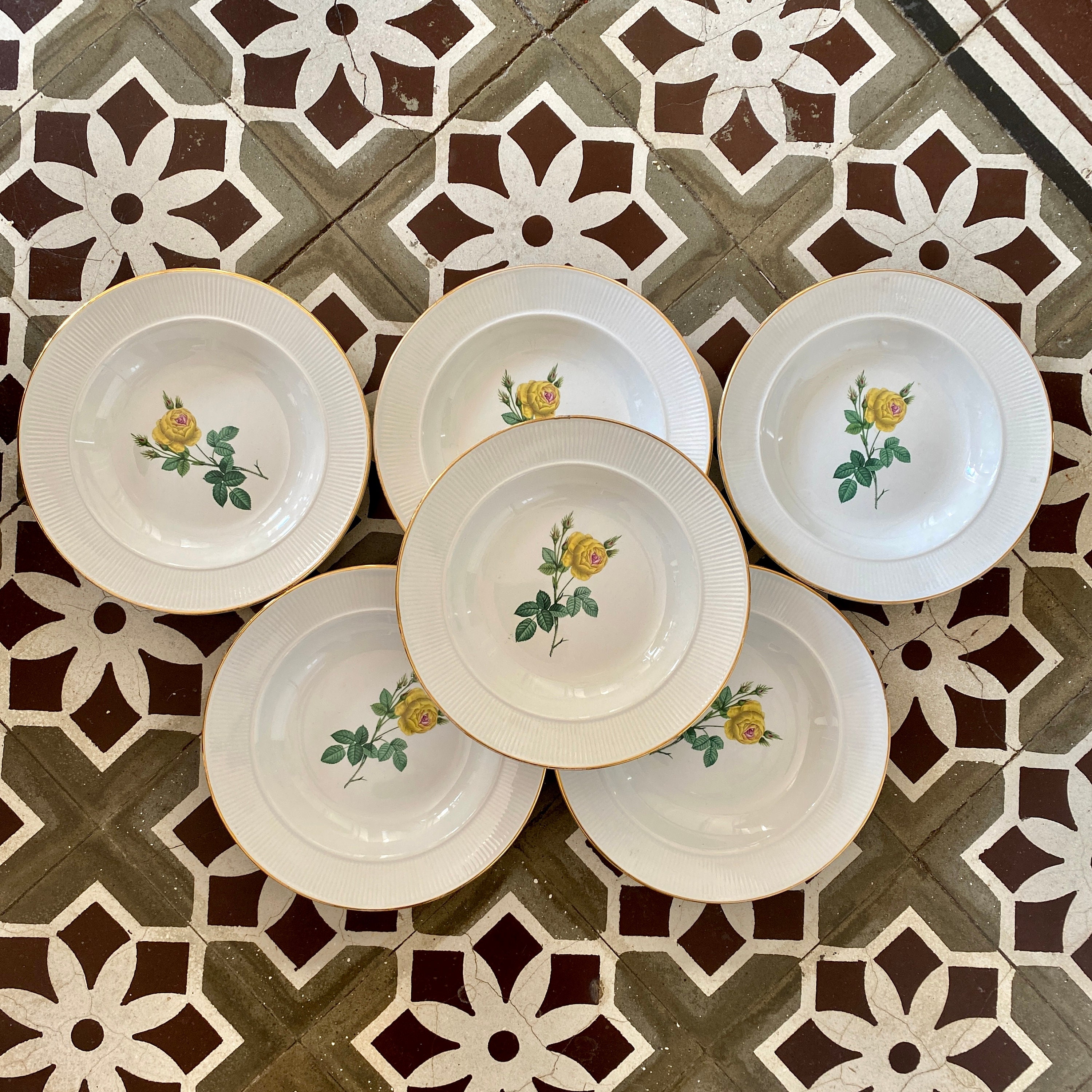 Lot d'assiettes Creuses Vintage Motif Rose Jaune