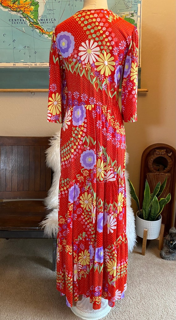 1970s Red Floral Duster Coverup Dress Boho Festiv… - image 6