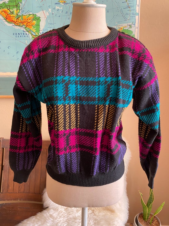 Vintage 80s Plaid Crop Sweater by Victoria Jones … - image 2