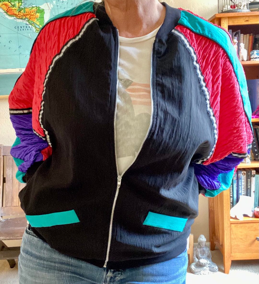 Retro Color Block Jacket Vintage 80's 90's Color Block Pink Teal Black Lightweight Jacket by DK ...