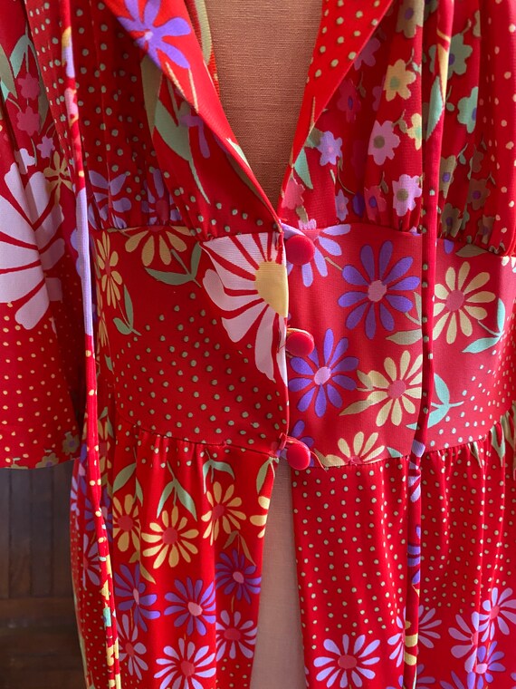 1970s Red Floral Duster Coverup Dress Boho Festiv… - image 8