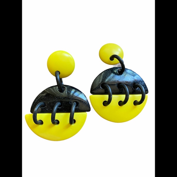 Vintage 80's Black & Yellow Punk Mod Door knocker Earrings