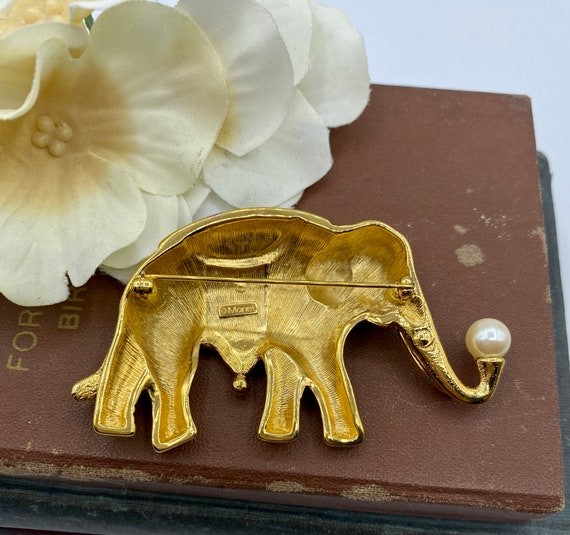 Vintage Monet Elephant Gold Tone Brooch with Red … - image 4