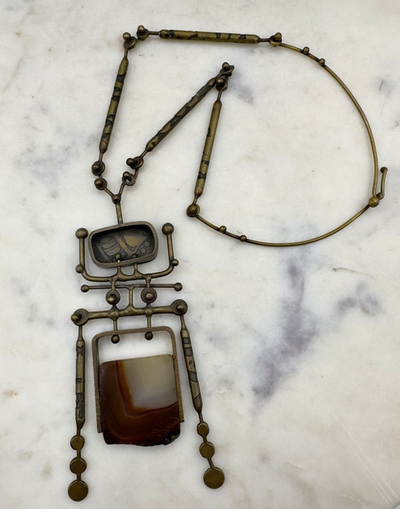 Vintage MCM Kinetic Brutalist Brass Agate Necklace