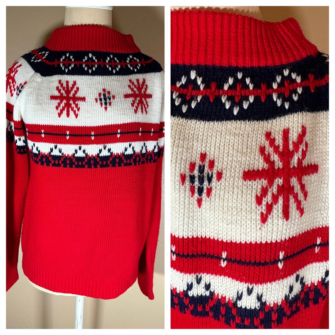 Vintage 80s Marcraft Knits Red White Navy Stripe Snowflake Etsy