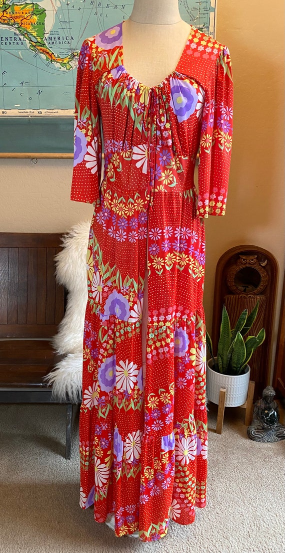 1970s Red Floral Duster Coverup Dress Boho Festiv… - image 2