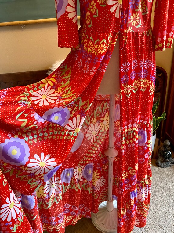 1970s Red Floral Duster Coverup Dress Boho Festiv… - image 4