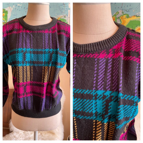 Vintage 80s Plaid Crop Sweater by Victoria Jones … - image 1