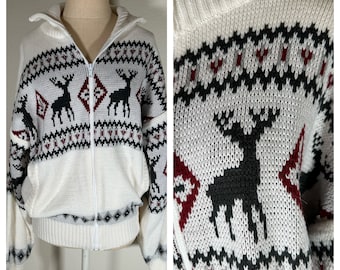Vintage 90s Scandia Woods Cardigan Sweater Zip Front Deer Design Knit