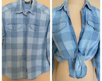 Vintage 90s Lizwear Check Plaid Denim Shirt Pearl Snaps Petite Small