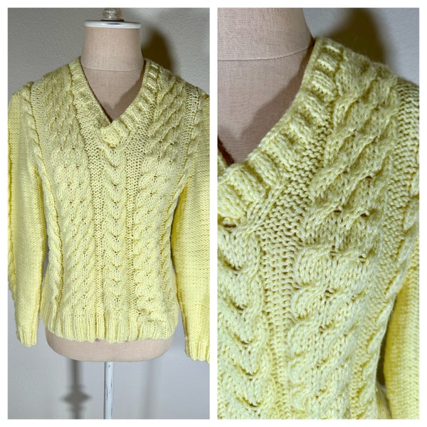 Vintage 90s Hand Knit Bright Yellow Cable Knit Sweater