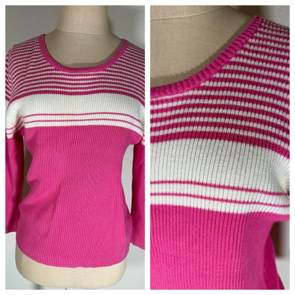 Vintage Y2K Faded Glory Hot Pink and White Stripe Sweater 3/4 Sleeve