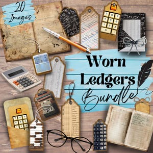 May include: A digital download of 20 images featuring worn ledger pages, vintage calculators, and other ephemera. The images are perfect for scrapbooking, card making, and other crafting projects. The text "Worn Ledgers Bundle" is displayed on a blue background.