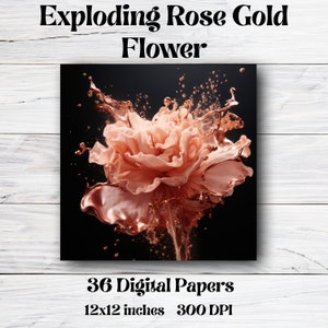 Może przedstawiać: Pakiet papierów cyfrowych z 36 wzorami różowych kwiatów w kolorze różowego złota. Kwiat eksploduje rozpryskiem różowego płynu na czarnym tle. Papiery mają rozmiar 30,48 x 30,48 cm i 300 DPI.