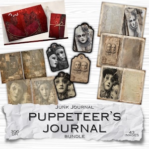 Puede incluir: Una colección de efímeras de estilo vintage, que incluye páginas de diario, etiquetas y elementos decorativos. Los artículos presentan texturas desgastadas, imágenes antiguas y el texto "Junk Journal Puppeteer's Journal Bundle". El paquete incluye 43 imágenes.