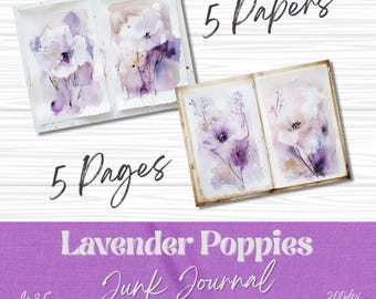 Lavender Poppies Junk Journal Shabby Chic Floral Papers, Digital Download