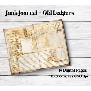 May include: A digital junk journal with 8 pages featuring old ledger paper with handwritten text and aged textures. The pages are 11x8.5 inches and 300 dpi.