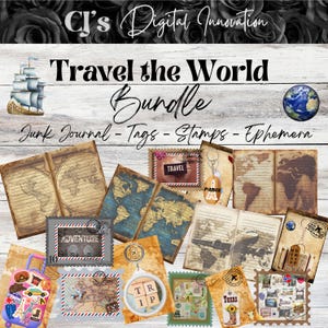 Travel Junk Journal Bundle: World Ephemera, Scrapbooking Paper (PDF)