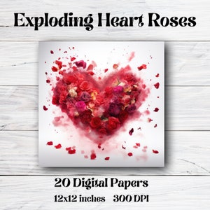 May include: A digital paper pack featuring 20 designs of red roses arranged in a heart shape with petals exploding outward. The papers are 12x12 inches and 300 DPI.