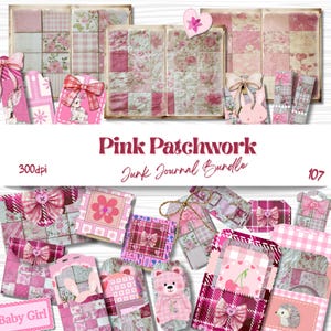 Pink Patchwork Junk Journal Bundle, Tags, Folio, Ephemera, Craft Lovers Scrapbooking, Printable Journal, Paper Craft, Patchwork Collection